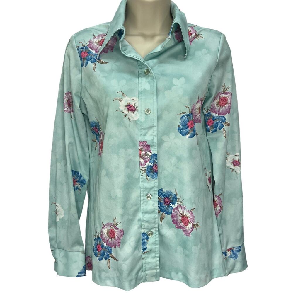 Vintage Nikki Button Down Blouse Teal Floral 70s Size M Long Sleeve Disco